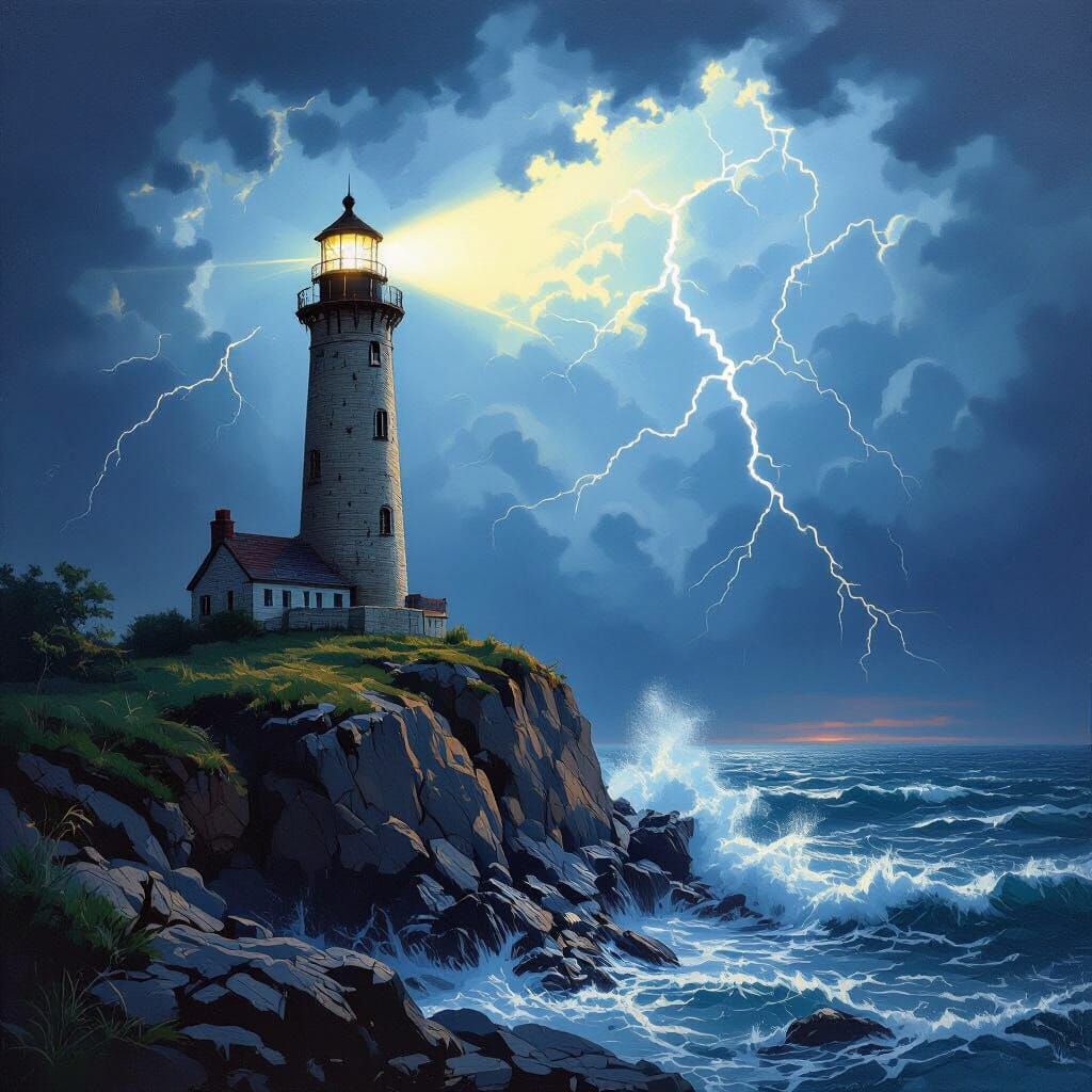 Dramatic Lighthouse in Summer Storm Landscape