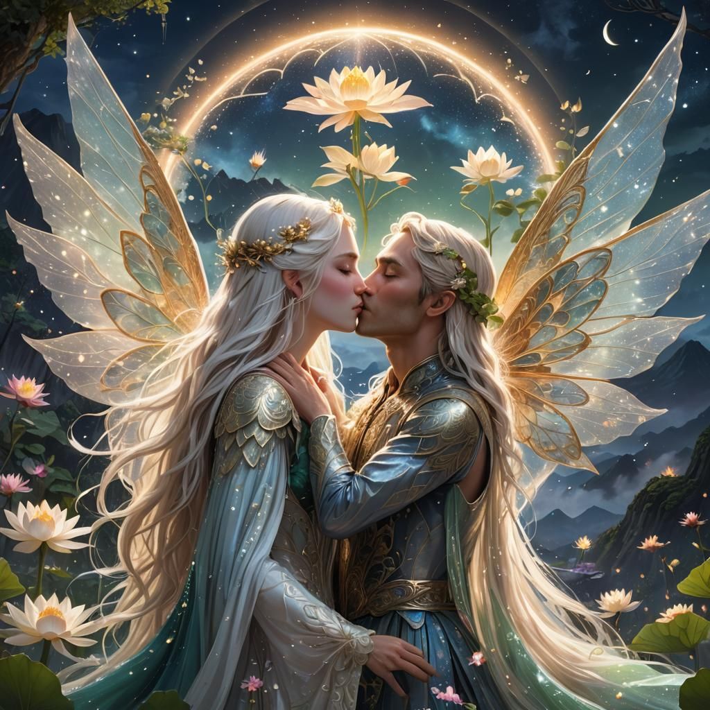 Woman Kisses Man on Lotus Blossom in Fantasy Art