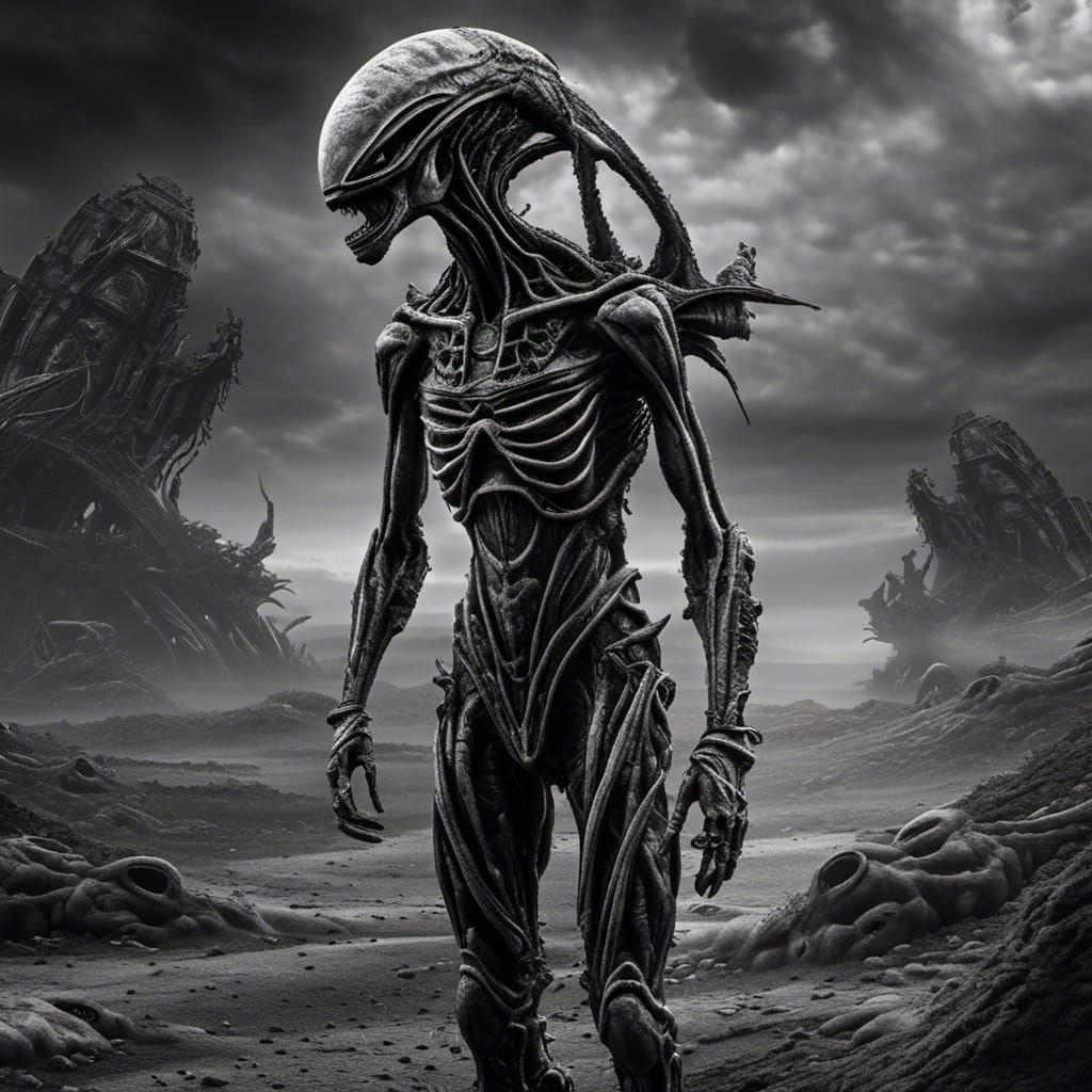 Wounded Alien Survivor Portrait in Black and White