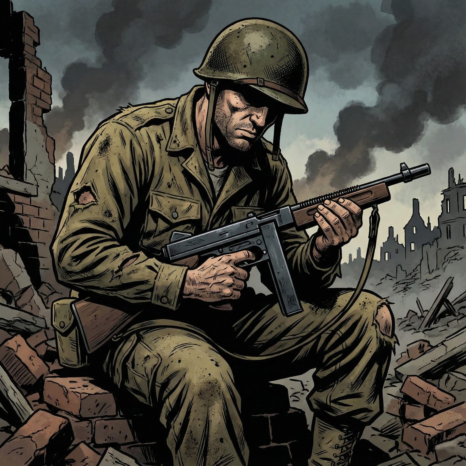 WWII Soldier Rests Amidst Bombardment in Comic Style