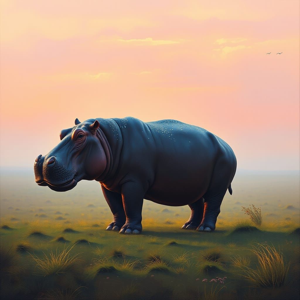 Ancient Hippo in Pastel Savanna Dawn, Textured Oil Painting