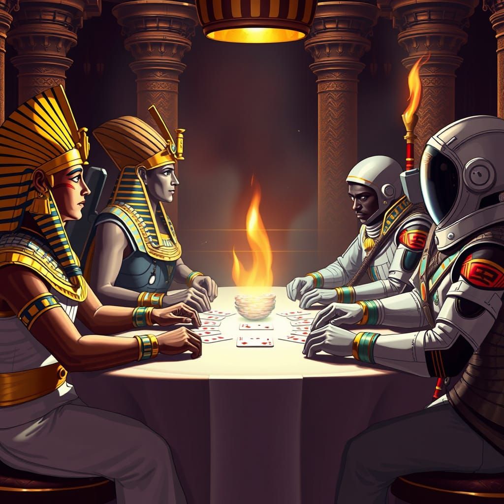 Pharaohs Play Poker With Astronauts in Futuristic Style
