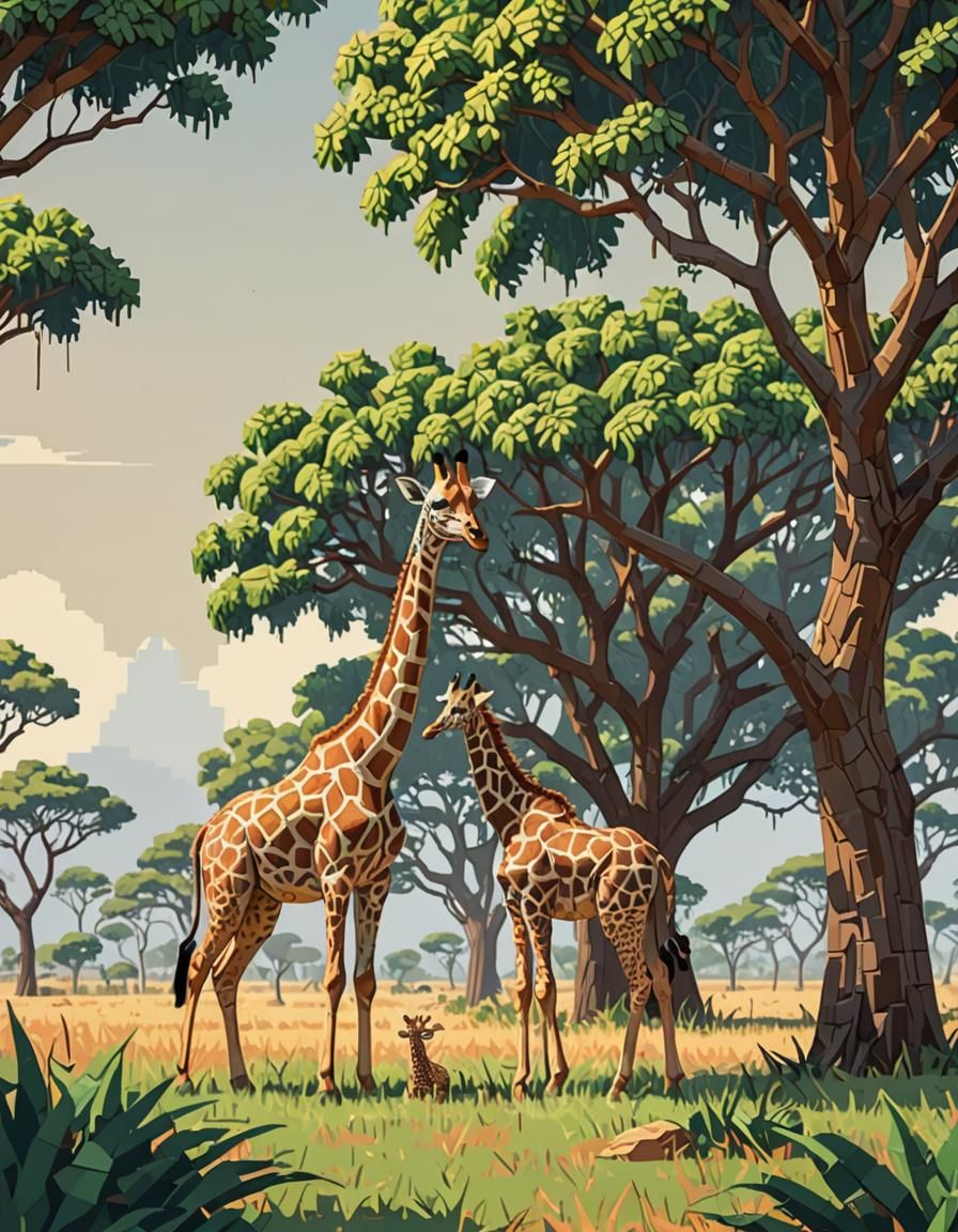 Giraffe and Calf Reach for Tree Leaves in Vibrant Pixel Art