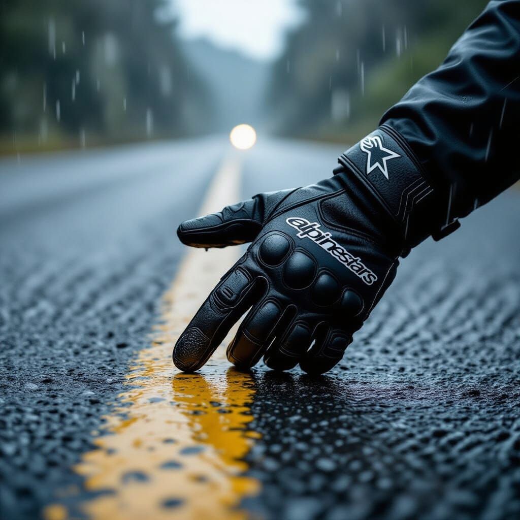Gloved Hand Touching Wet Asphalt in Cinematic Realism