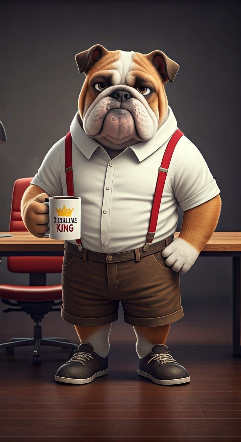 Confident Cartoon Bulldog Rules the Office