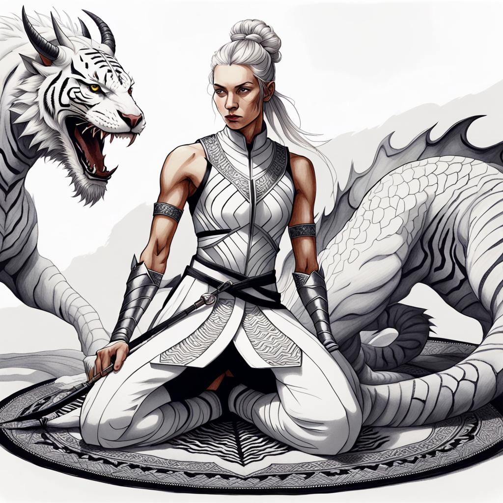 Nordic Warrior-Dragon Hybrid in Black and White Ink