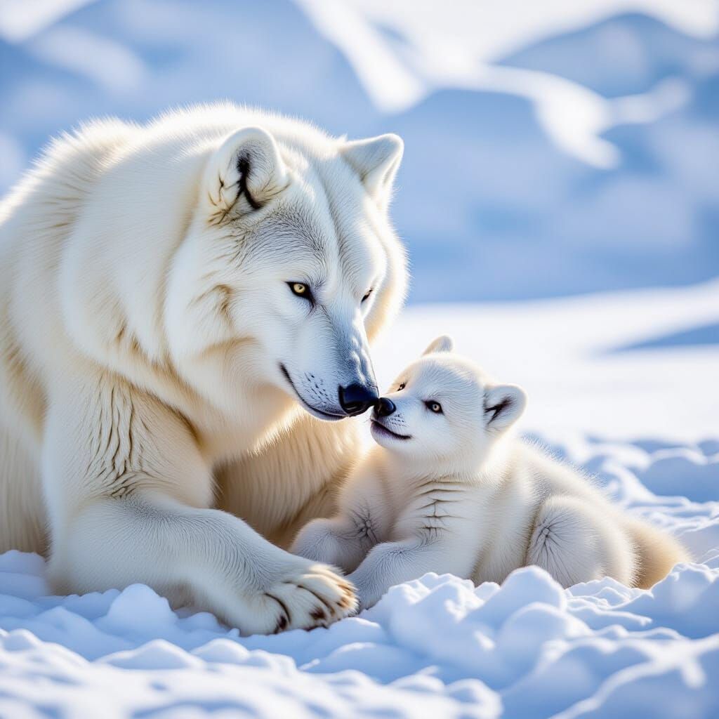 Wolf-Bear Hybrid Mother Nuzzles Cub in Snowy Expanse