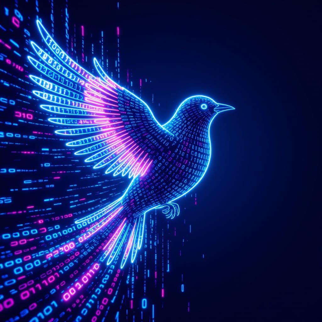 Glowing Binary Bird of Light in Cyber World
