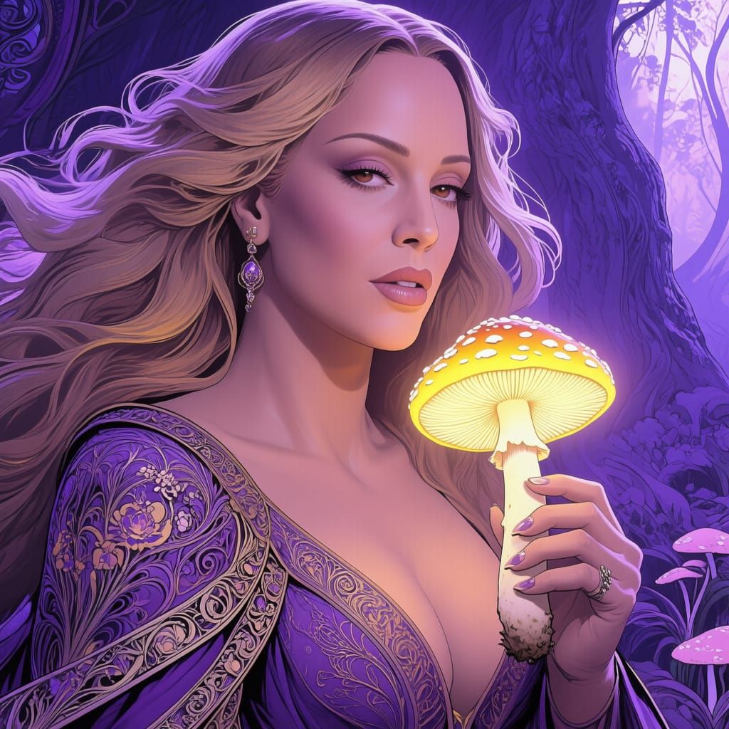 Mariah Carey Holds Glowing Mushroom in Dark Fantasy Art