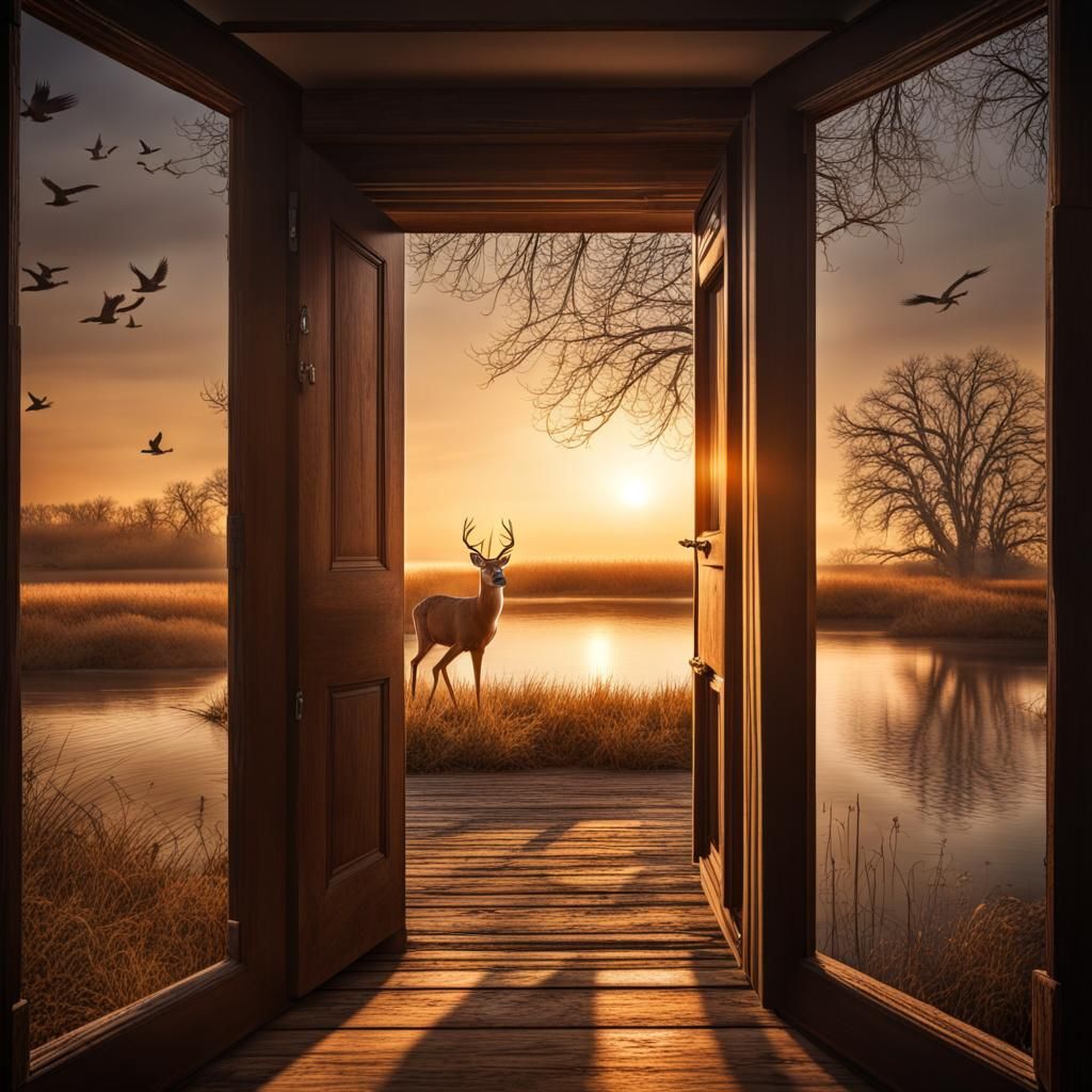 Hyperrealistic Sunrise Scene Through Open Door