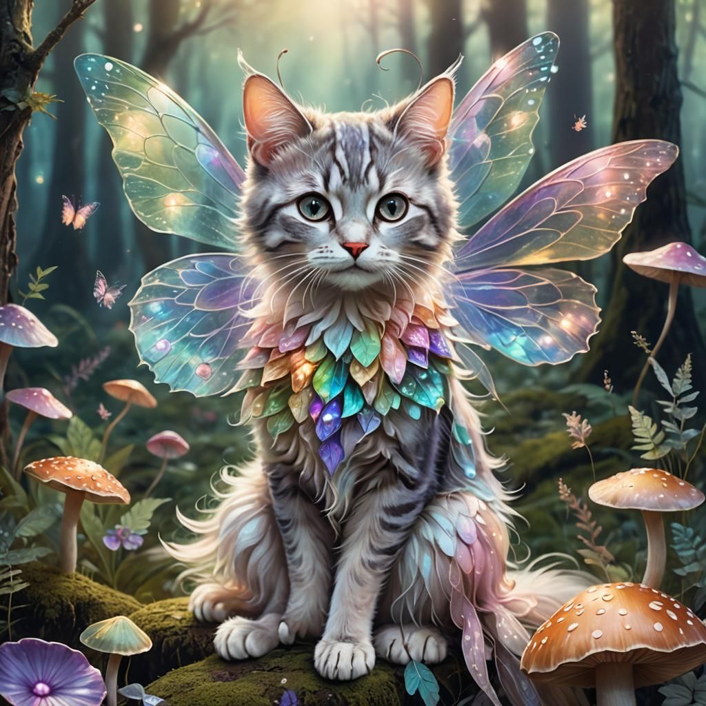 Enchanting Cat Fairy Portrait in Misty Forest