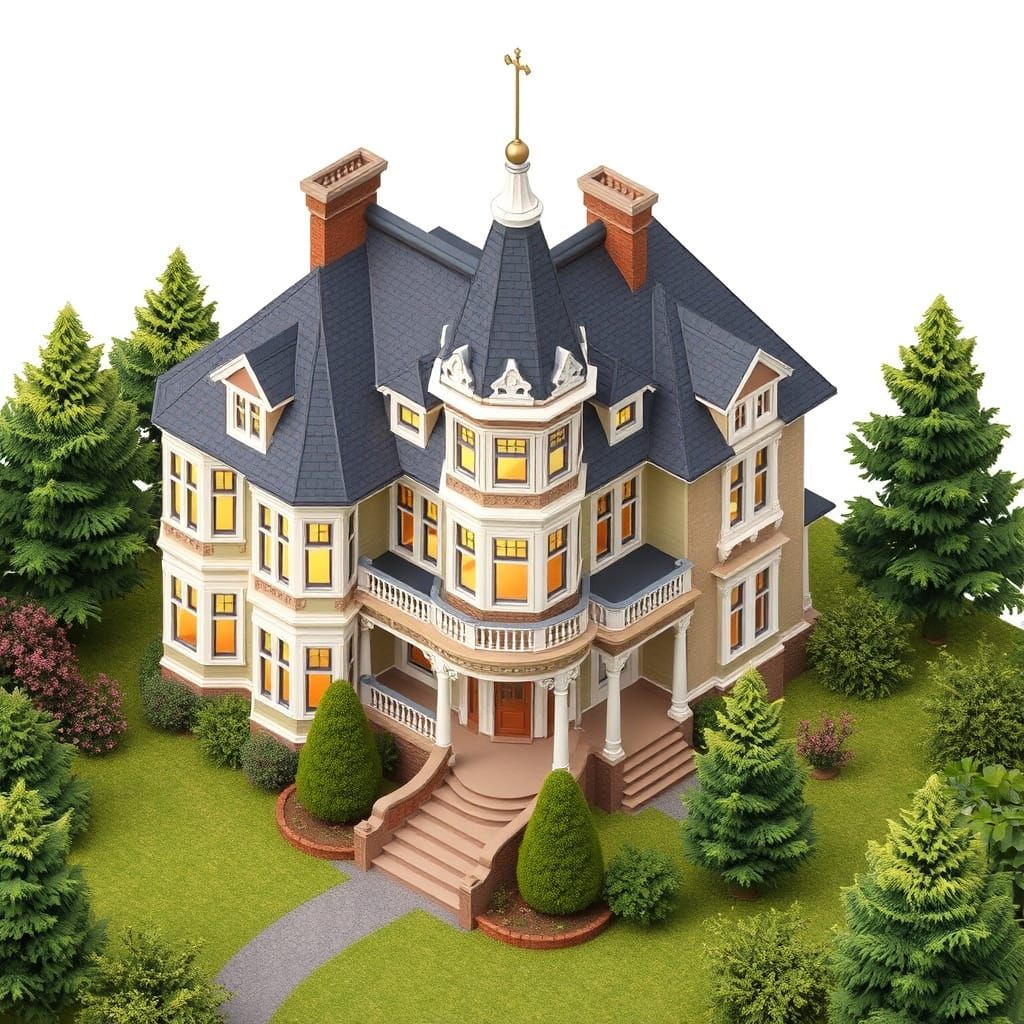 Isometric Victorian Mansion, Detailed Architectural View