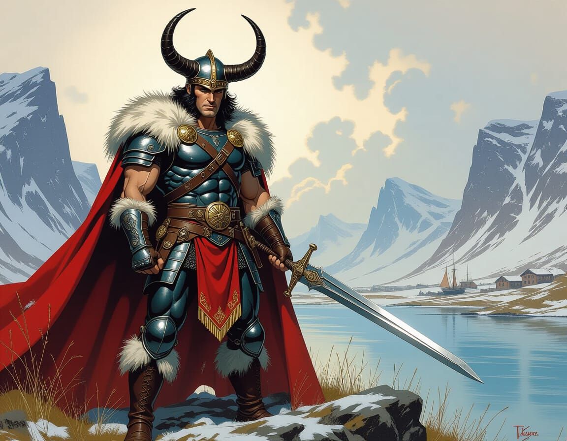 Elvis as a Viking Warrior in Nordic Landscape