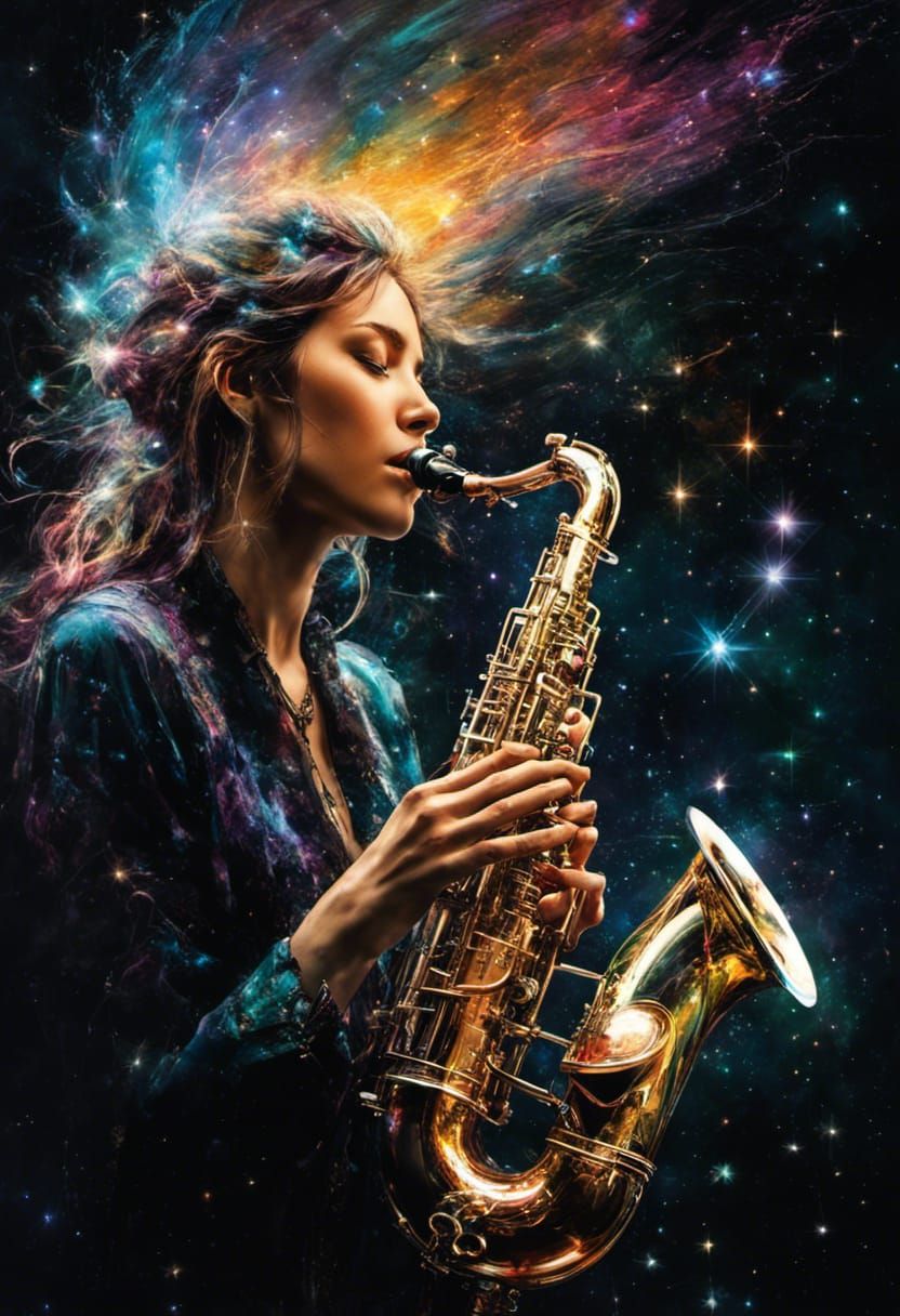 Luminous Crystal Saxophone Player in Cosmos Galaxy