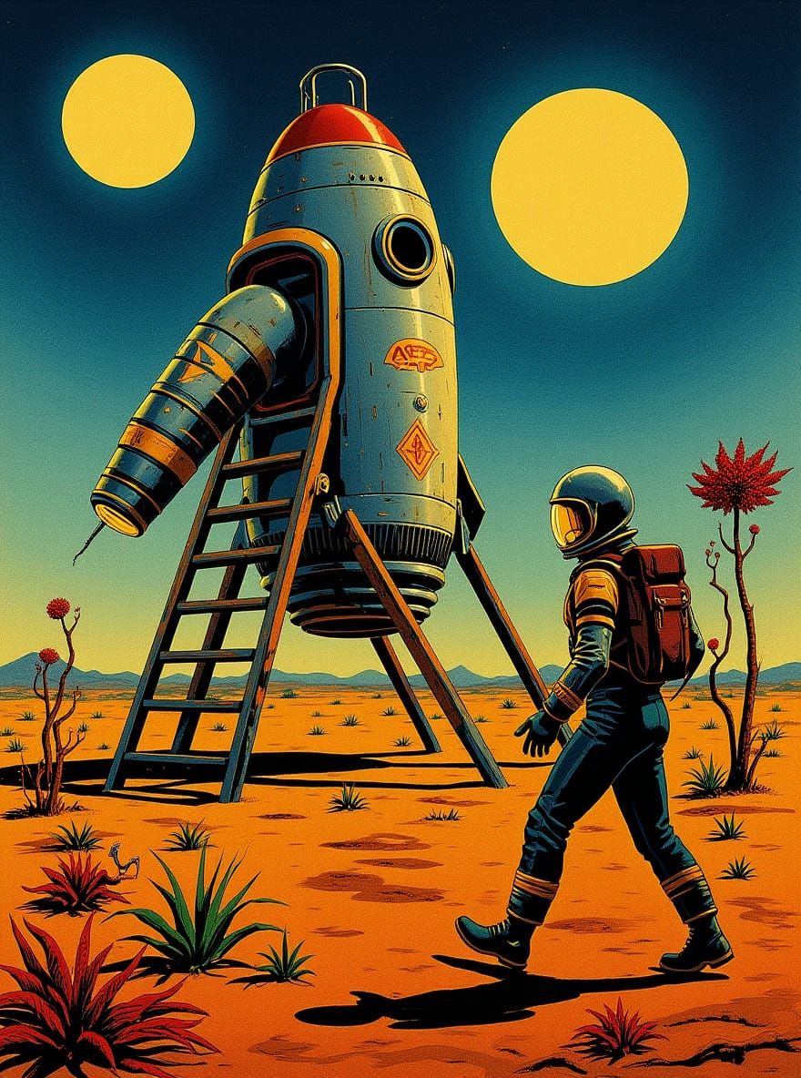 Retro-Futuristic Astronaut on Alien Planet as Pulp Art