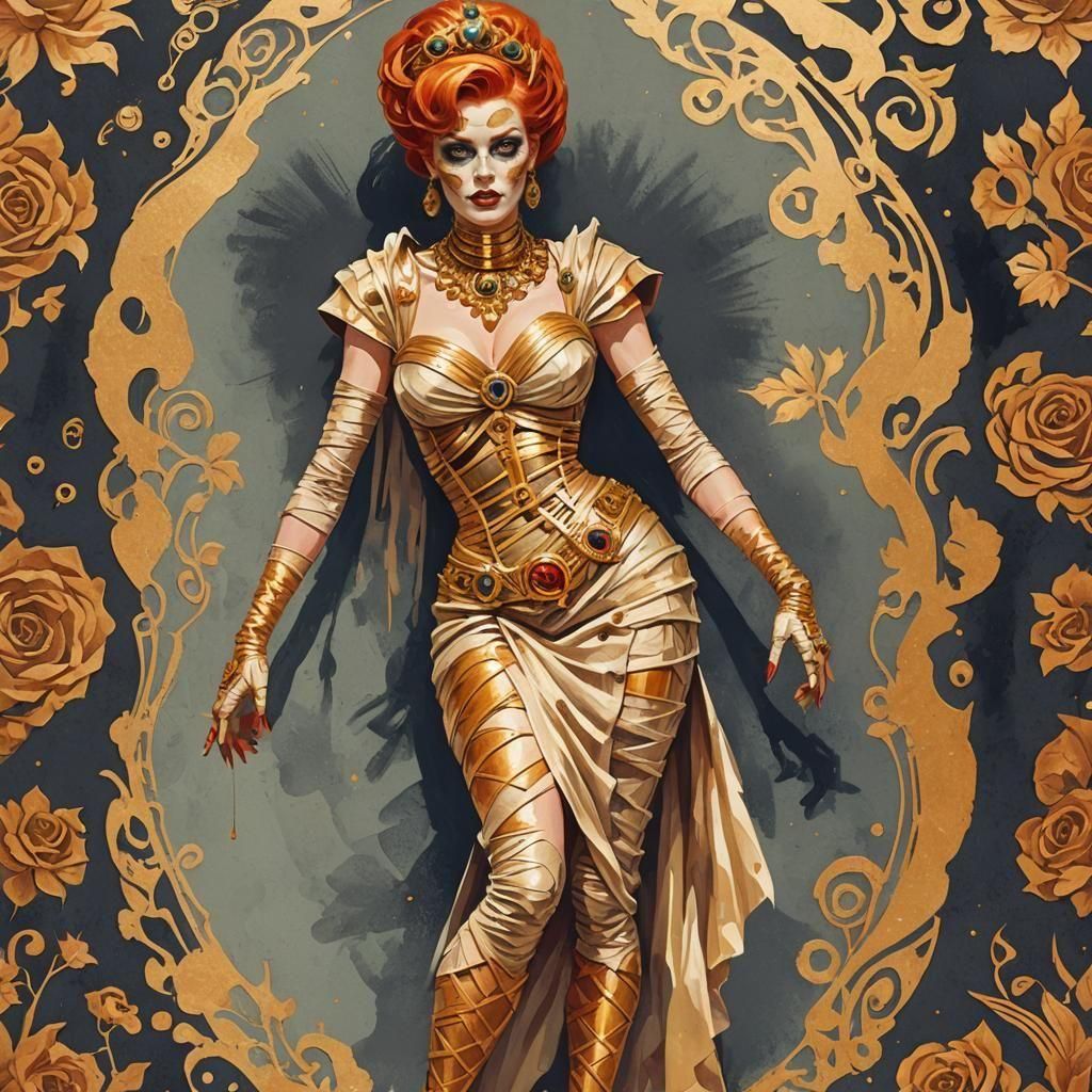 Retro Redhead Mummy Pinup in Gouache Style