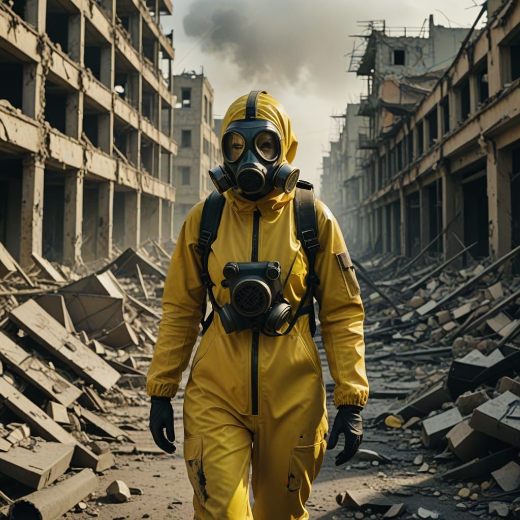 Woman in Yellow Suit Navigates Ruined City