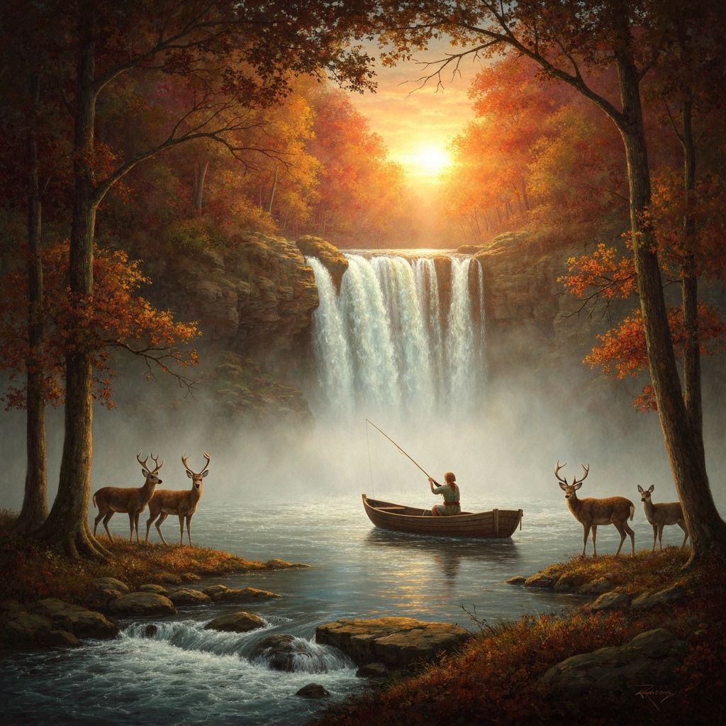 Woman Fishing in Autumn Waterfall at Sunset Oil Painting