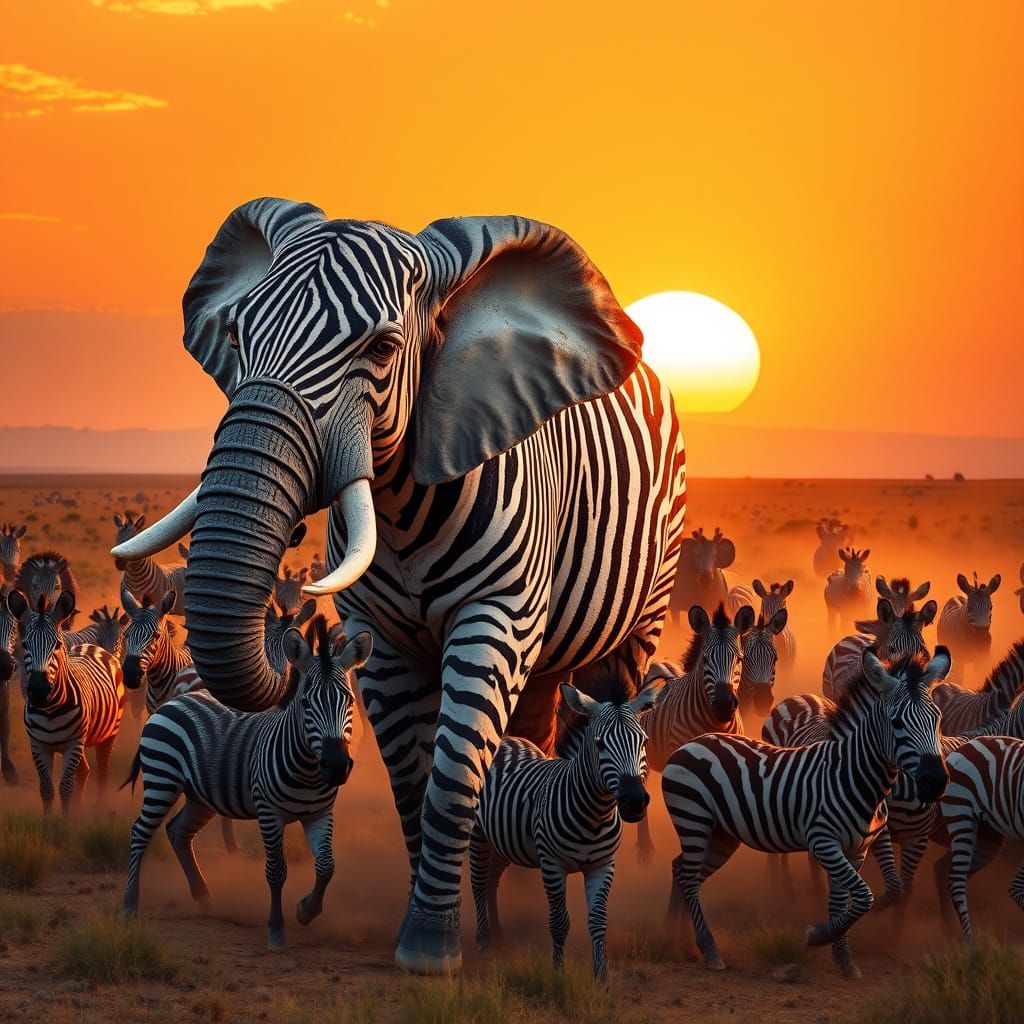 Mythical Elezebra Blends with Zebra Herd in Golden Hour