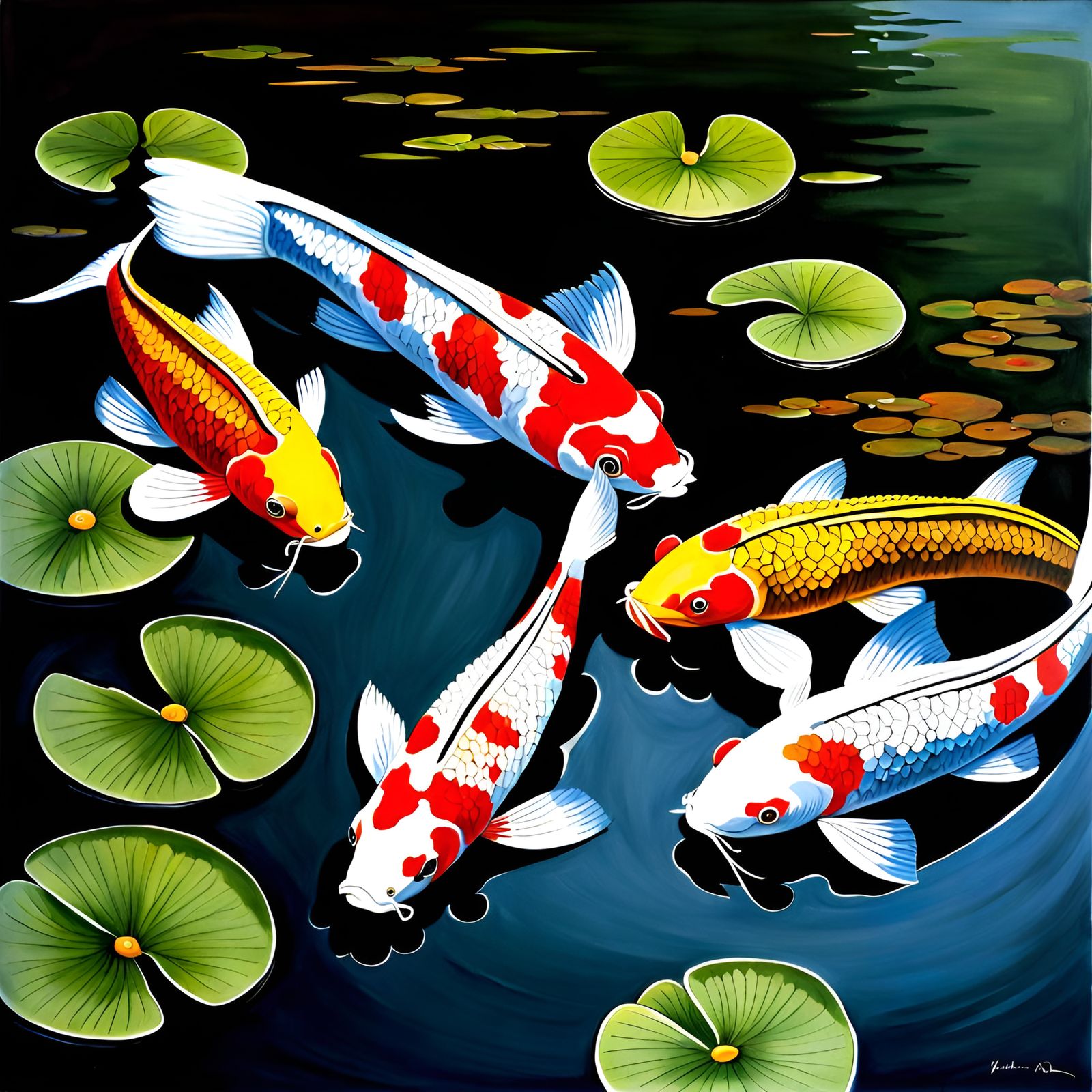 Realistic Koi in Japanese Pond Oil Painting