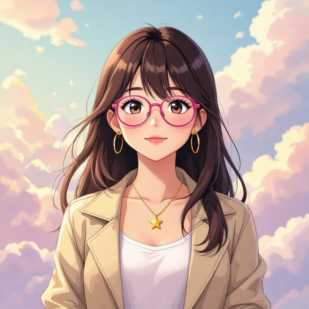 Anime Girl with Dark Hair and Pink Glasses in Dreamy Clouds