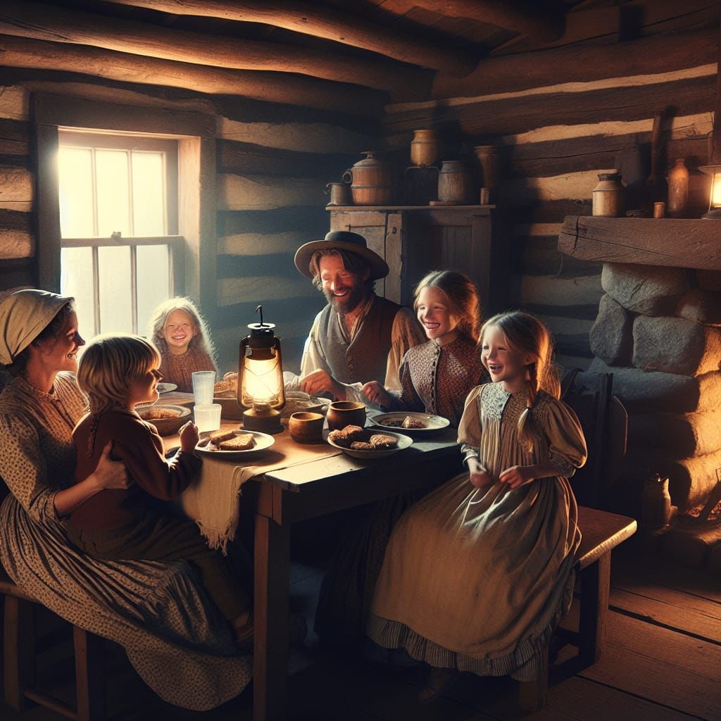 Cozy Pioneer Family Gathered Around a Warm Hearth