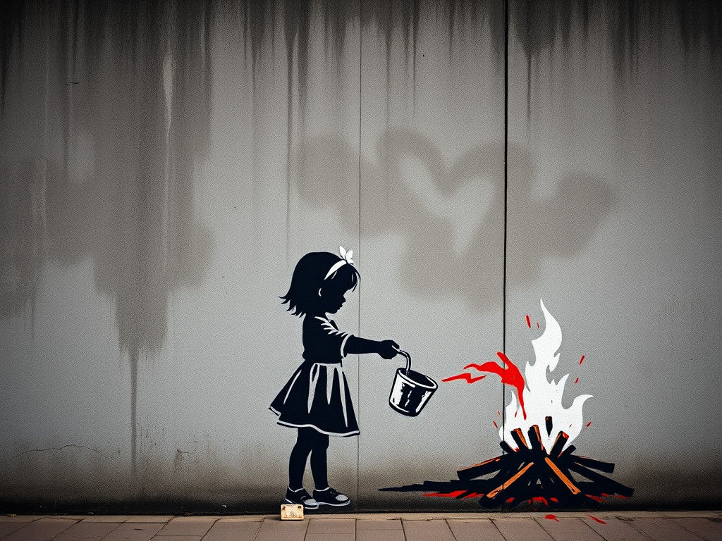 Banksy Graffiti: Girl Watering Bonfire