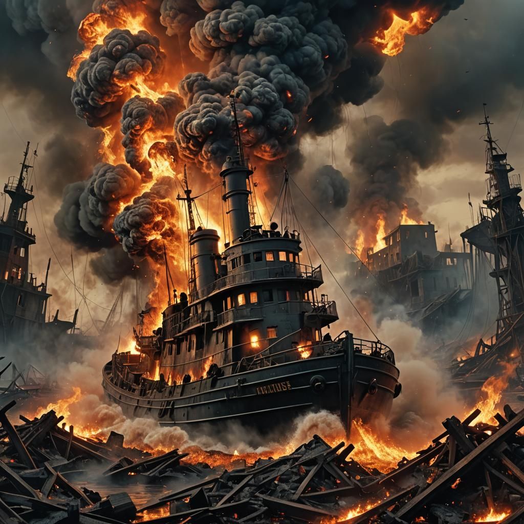 Tugboat Explosion in Dark Fantasy Style