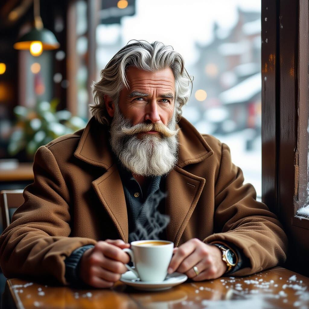 Man with Beard Drinking Coffee in Digital Painting