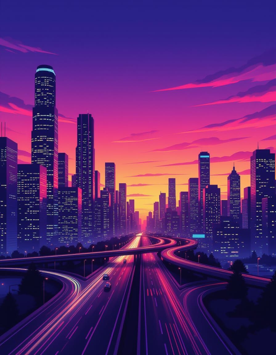 Vibrant Cityscape at Dusk with Gradient Sky