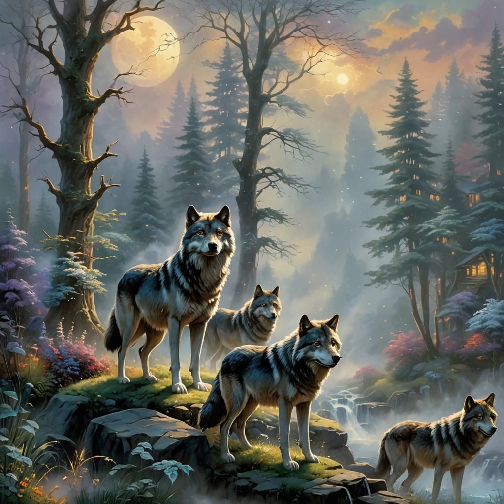 Ethereal Wolves in Misty Fantasy Landscape
