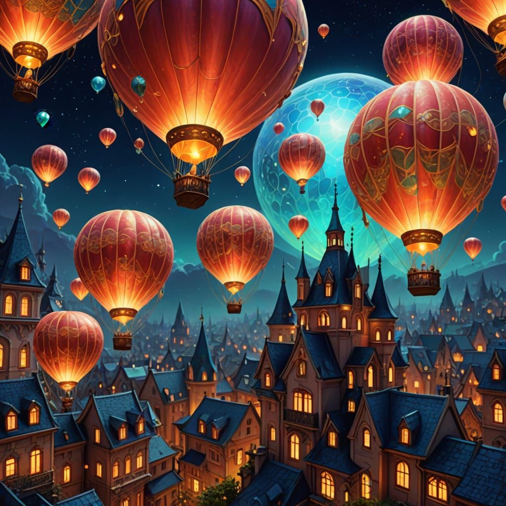 Whimsical Cityscape with Magical Hot Air Balloons in Art Nou...