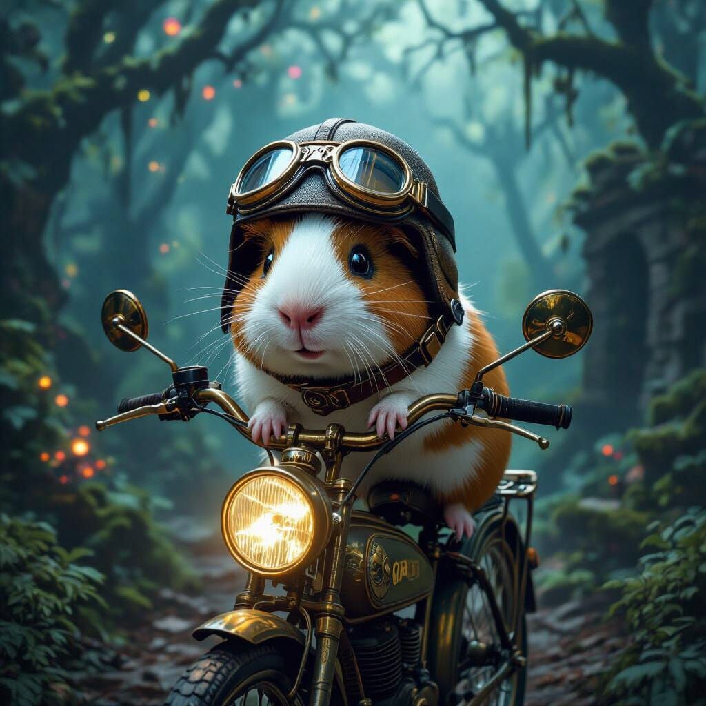 Guinea Pig Aviator on Steampunk Bicycle in Enchanted Forest