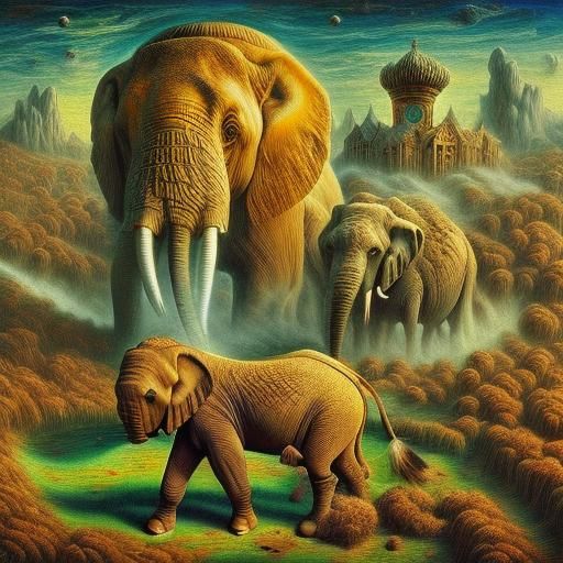 Surreal Landscape with Clock and Elephants