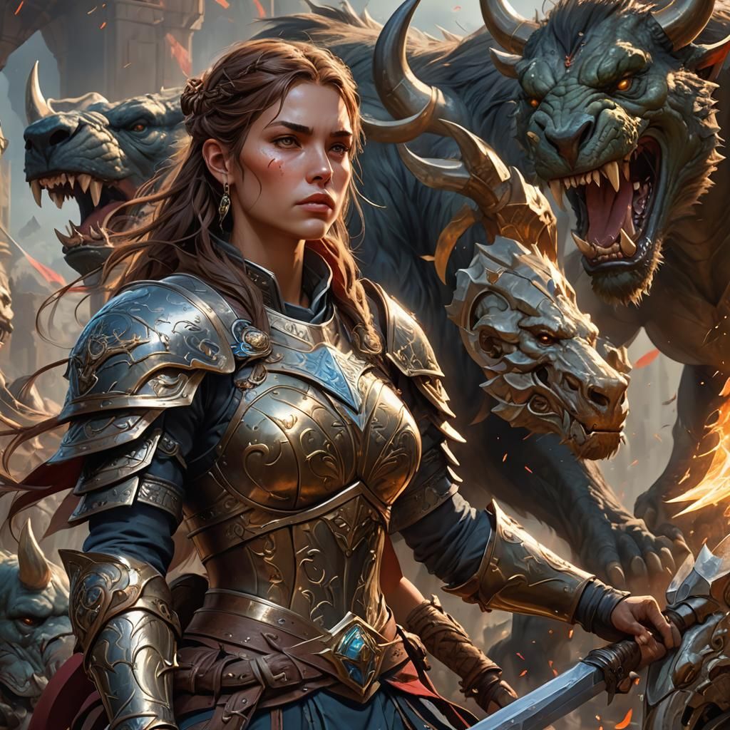 Female Warrior and Mythical Beast Portrait