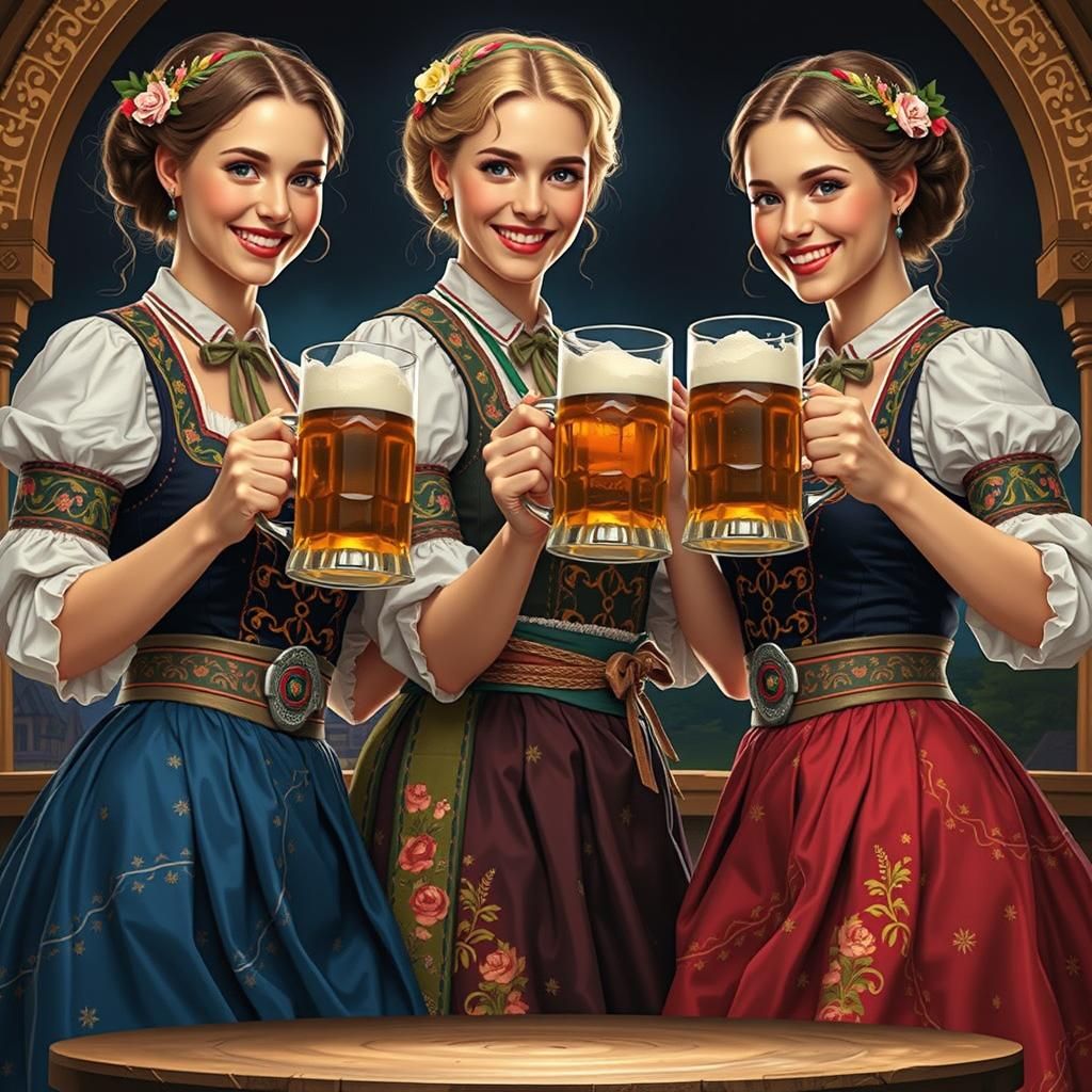 Oktoberfest Joy: Bavarian Girls Toast in Art Nouveau Style