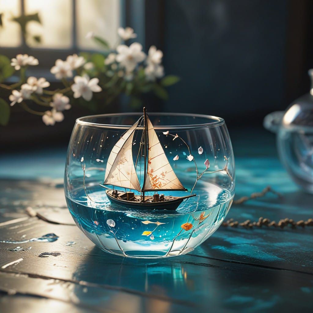Delicate Anime-Inspired Sailboat in Crystal Clear Water