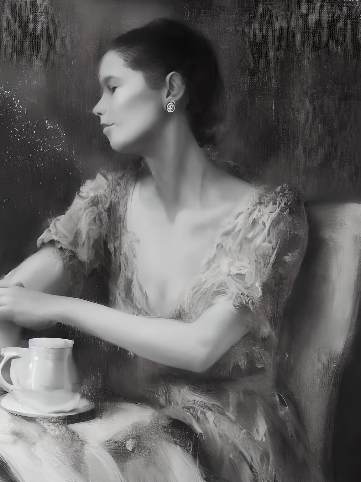 Beautiful Woman Enjoying Tea: Photorealistic Portrait