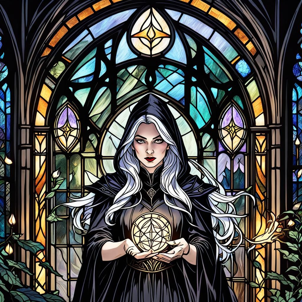 Sorceress Casting Spell in Gothic Forest, Art Nouveau