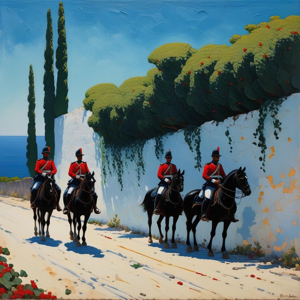 Carabinieri Patrol on Horseback: Impasto Acrylic Landscape