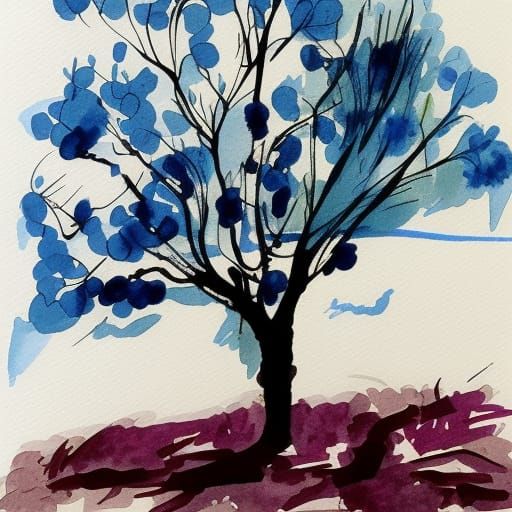 Watercolor Ink Sketch Under Blueberry Tree