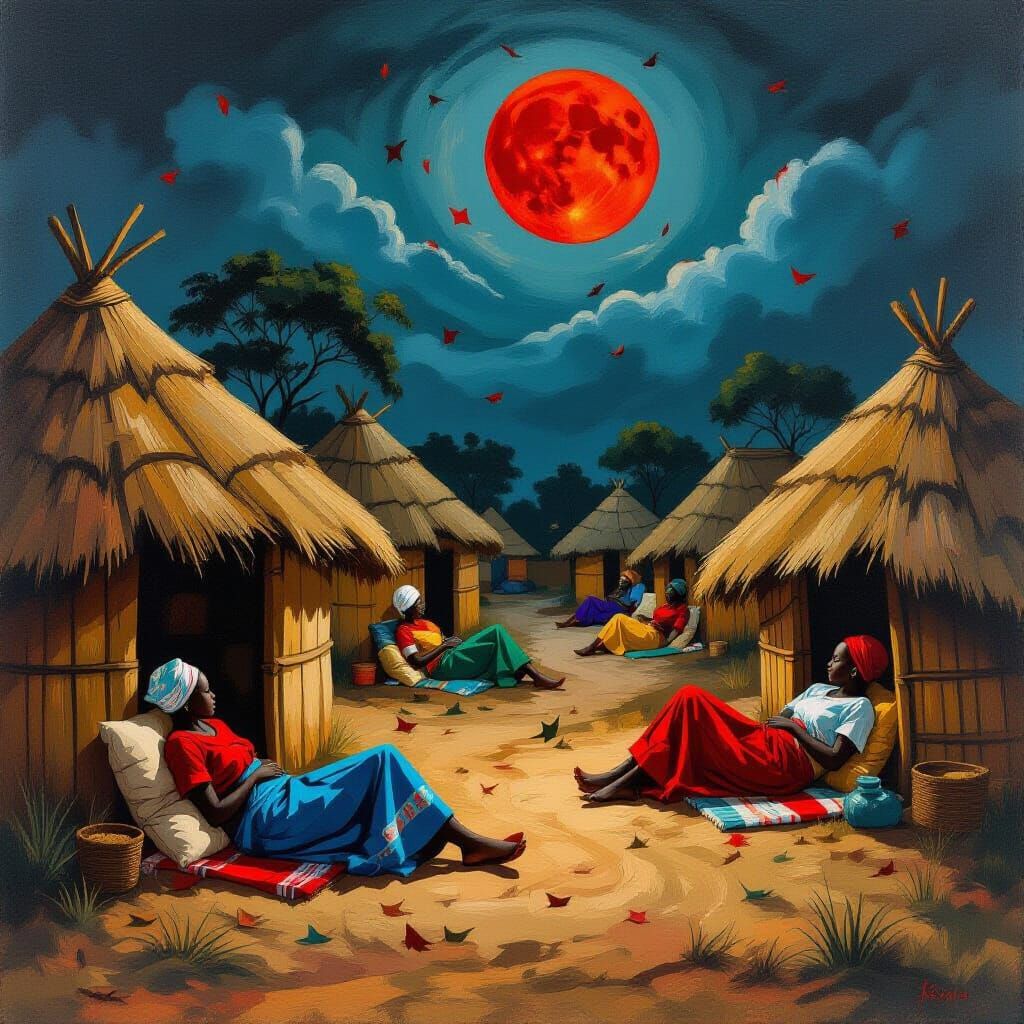 African Village Under Blood Moon, Expressive Brushstrokes