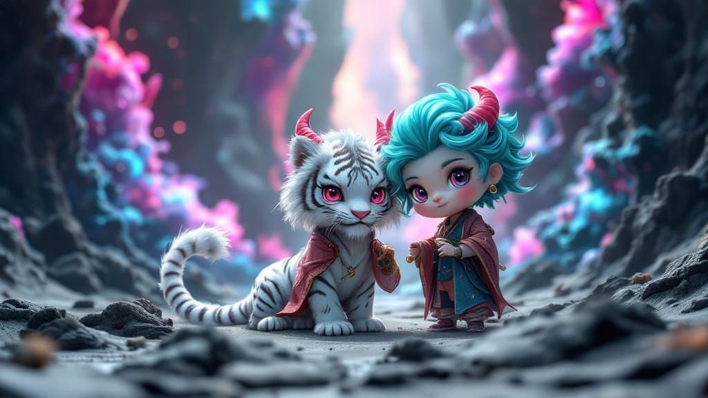 Majestic Chibi Tiger-Human Hybrid in Vibrant Desert Landscap...