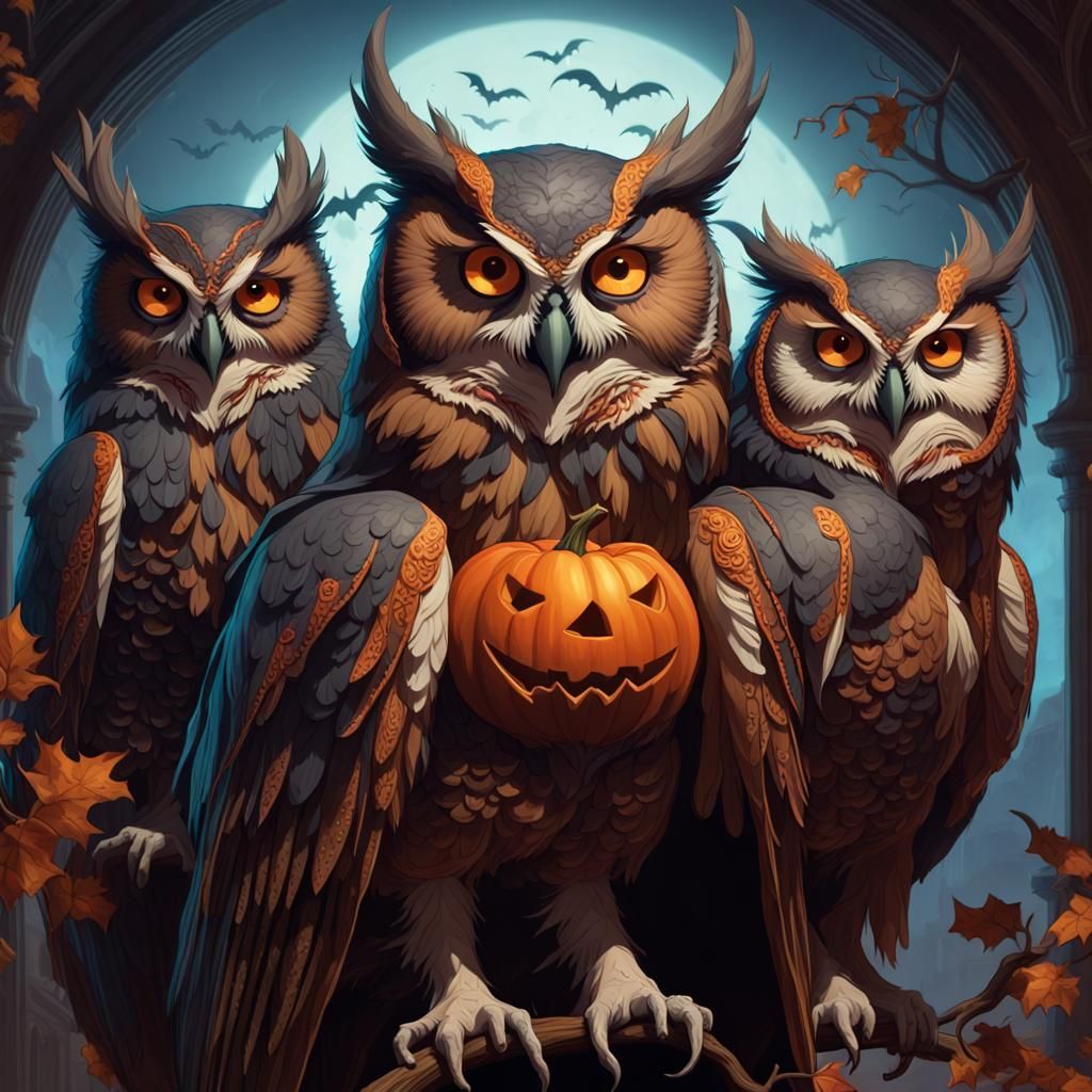 Halloween Demon Owls in Dark Fantasy Style