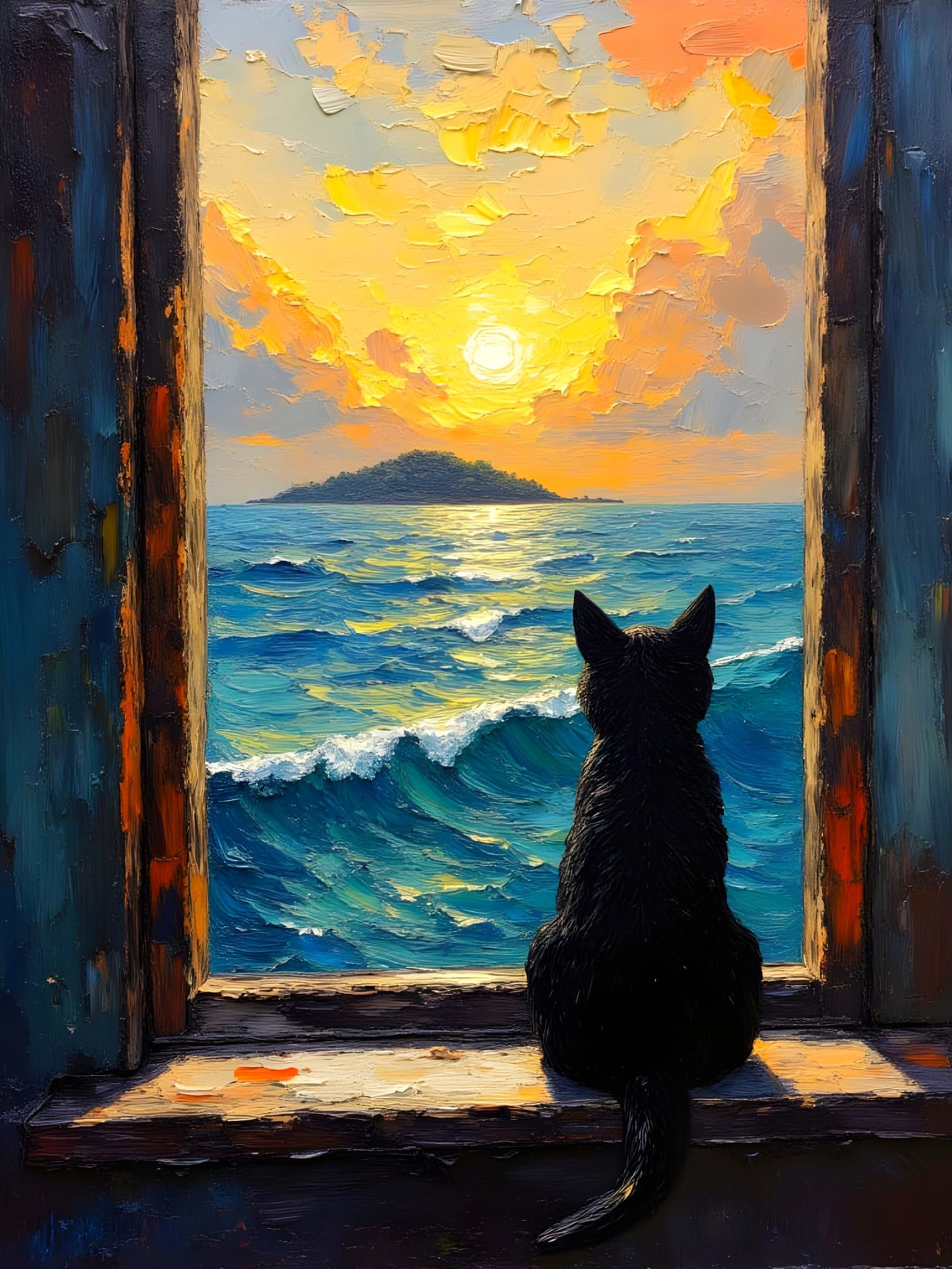 Black Cat Gazing at Ocean: Impasto Oil Painting