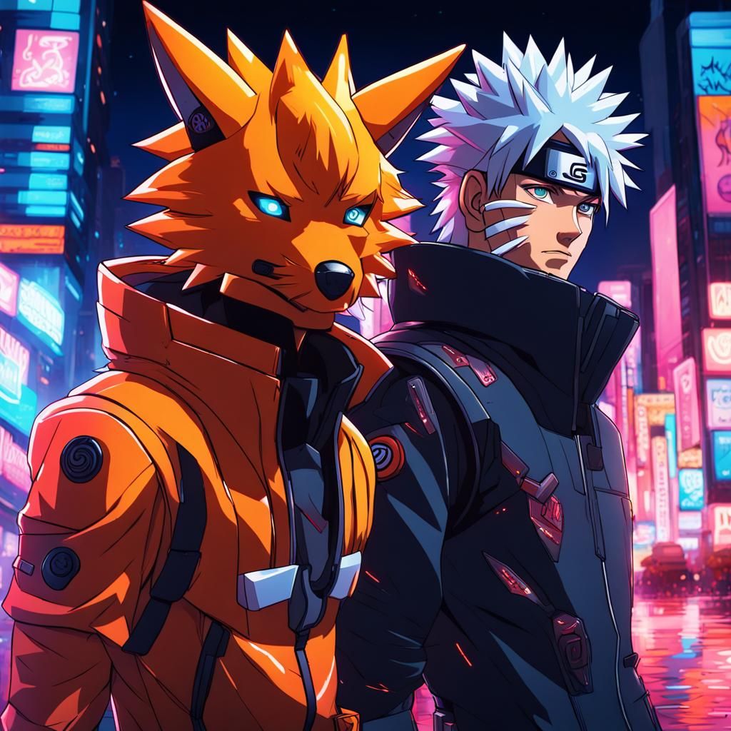 Naruto and Kurama in Cyberpunk Armor