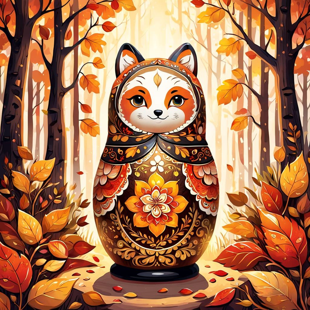 Stylized Matryoshka Fox in Whimsical Khokhloma Painting Styl...
