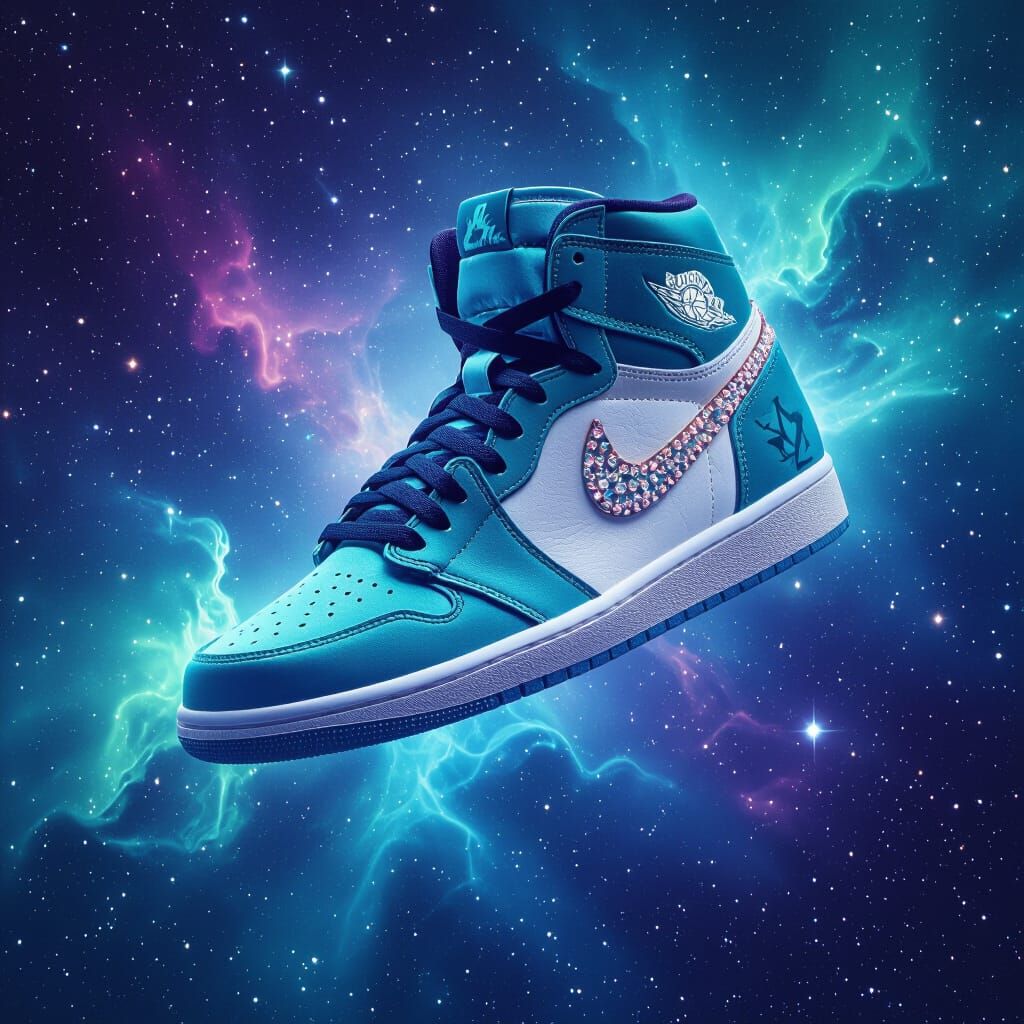 Teal Jordans Floating Through a Nebula: Hyperrealistic Digit...