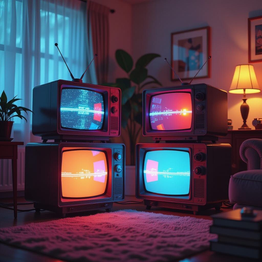 Nostalgic Box TVs Reflecting Warm Static in Retro Room