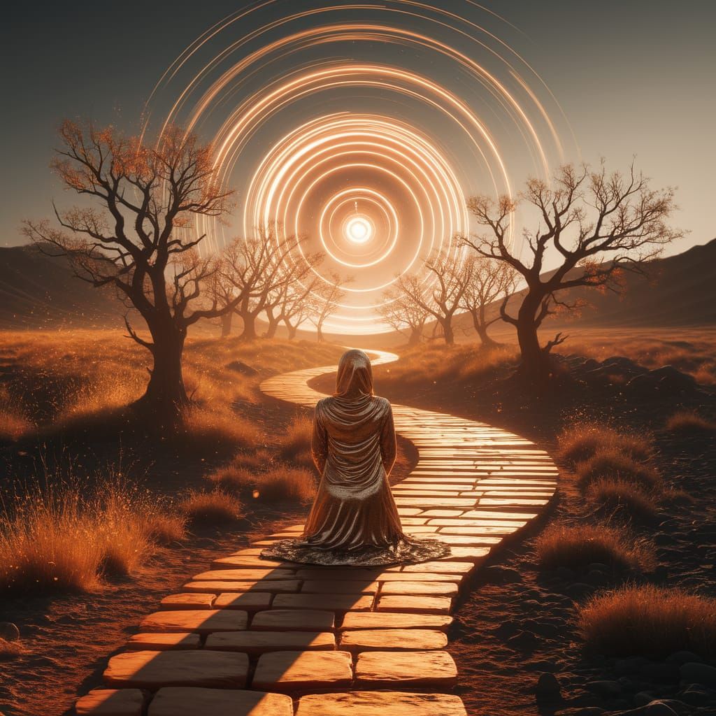 Figure Kneeling on Amber Path Towards Light Vortex